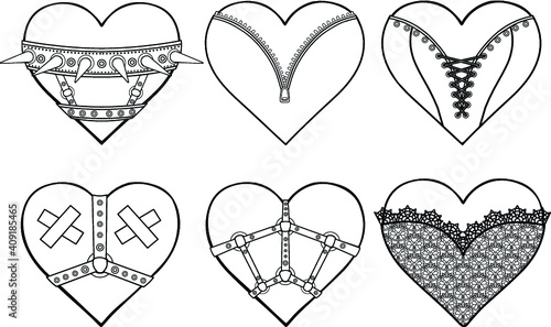 Set of animation hearts in erotic clothes and accessories. Latex, lace, collar, corset. Template for erotic content. Vector illustration isolated on a white background. Print, poster, t-shirt,