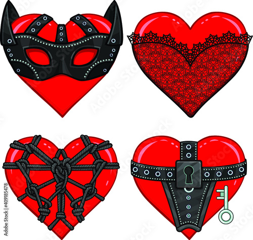 Set of animation hearts in erotic clothes and accessories. Mask, shibari, lace, bondage. Template for erotic content. Vector illustration isolated on a white background. Print, poster, t-shirt, card. 