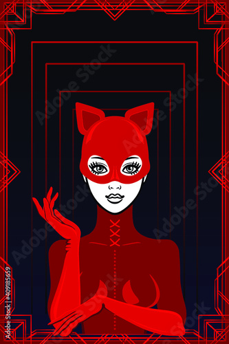 Animation portrait of the beautiful woman in a latex suit and a mask cat. Black background, red patten frame. Place for the text. Template for erotic content. Vector illustration. Print, poster, card 