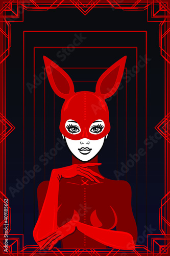 Animation portrait of the beautiful woman in a latex suit and mask rabbit. Black background,red patten frame. Place for the text. Template for erotic content. Vector illustration.Print, poster, card