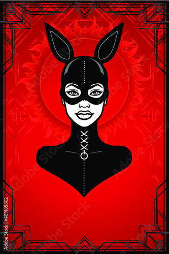 Animation portrait of the woman in a latex suit and mask rabbit. Red background, black patten frame, shine of sun. Place for the text. Template for erotic content. Vector illustration. Print, poster.