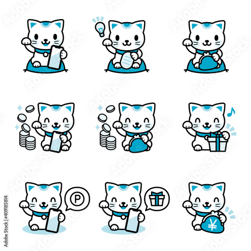 Maneki Neko and Point Coin Vector Illustration ポイントが貯まる招き猫のキャラクターセット(2色)