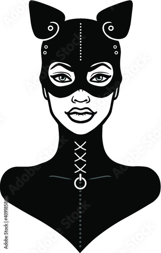 Animation portrait of the beautiful girl in a black latex suit and mask cat. Template for erotic content. Vector illustration isolated on a white background. Print, poster, t-shirt, card, emblem.