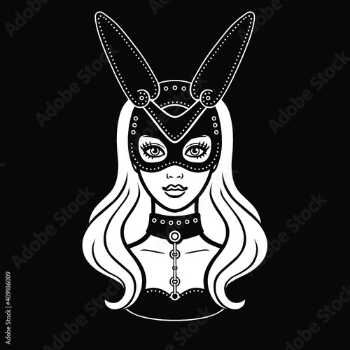 Animation portrait of the beautiful girl in a mask of a rabbit. Template for erotic content. White drawing isolated on a black background. Vector illustration. Print, poster, t-shirt, card, emblem.