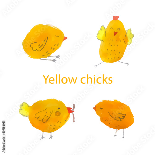 Set of four cute yellow watercolor chickens.