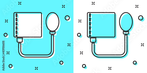 Black line Blood pressure icon isolated on green and white background. Random dynamic shapes. Vector.