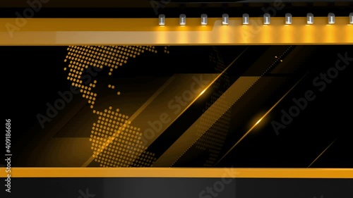 Tv studio. News room. Studio Background. Yellow. Newsroom bakground. Backdrop for any green screen or chroma key video production. Loop. 3D rendering.