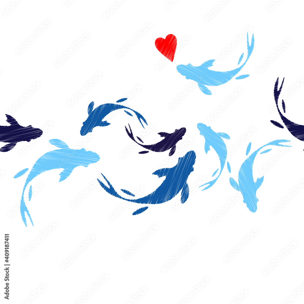 Seamless pattern with hearts and fish in the sea. Valentine's Day. Embroidery on fabric. Boho texture. Vector illustration for web design or print. Seamless pattern with hearts and fish in the sea. Valentine's Day. Embroidery on fabric. Boho texture. Vector illustration for web design or print.