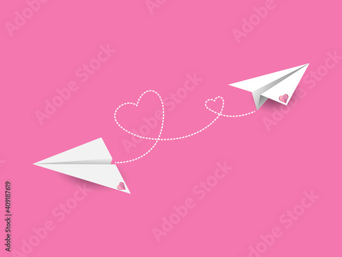 Origami flying paper airplane with dotted air route in heart.Valentine's day greetin card,background.Love concept,flight air trace .White plane with a clouds on a pink background.vector in EPS 10.