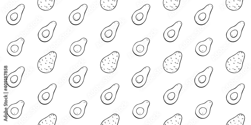 Black line illustration of avocado fruit seamless pattern. Whole fruit and half diagonally. Simple doodle style. Isolated objects on a white background. Black line illustration of avocado fruit seamless pattern. Whole fruit and half diagonally. Simple doodle style. Isolated objects on a white background.