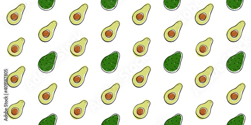 Color illustration of avocado fruit seamless pattern. Whole fruit and half diagonally. Simple doodle style. Isolated objects on a white background.