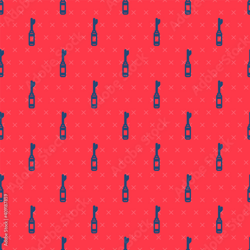 Blue line Awl tool with wooden handle icon isolated seamless pattern on red background. Work equipment tailor industry. Vector Illustration.