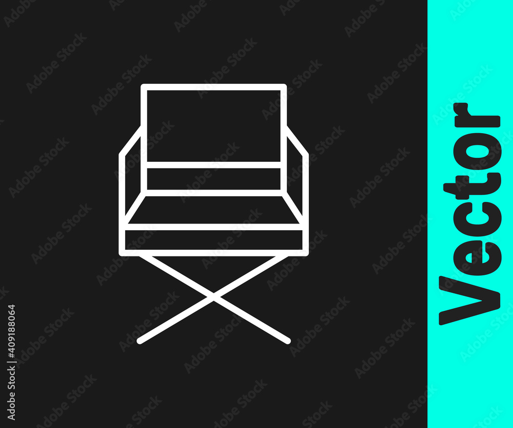 Obraz premium White line Director movie chair icon isolated on black background. Film industry. Vector Illustration.