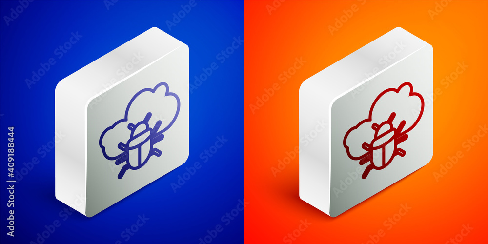 Isometric line System bug on a cloud icon isolated on blue and orange background. Cloud computing design concept. Digital network connection. Silver square button. Vector. Isometric line System bug on a cloud icon isolated on blue and orange background. Cloud computing design concept. Digital network connection. Silver square button. Vector.