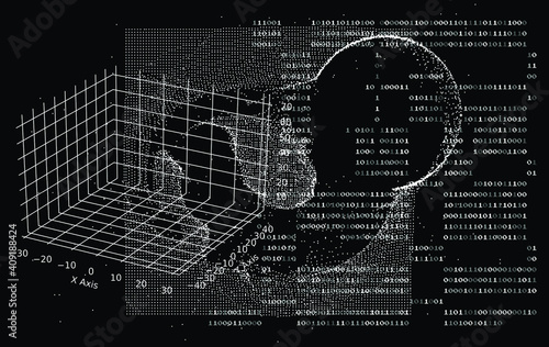Abstract technology background with binary code and mesh made of particles. Glitched computer screen with scientific drawings. 