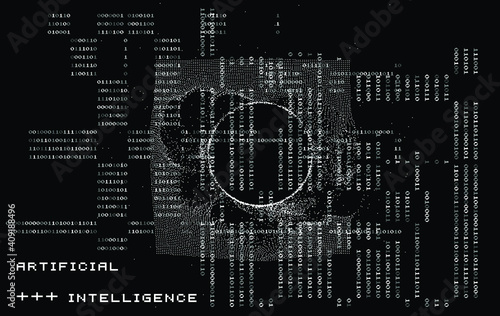 Abstract technology background with binary code and mesh made of particles. Glitched computer screen with scientific drawings. 
