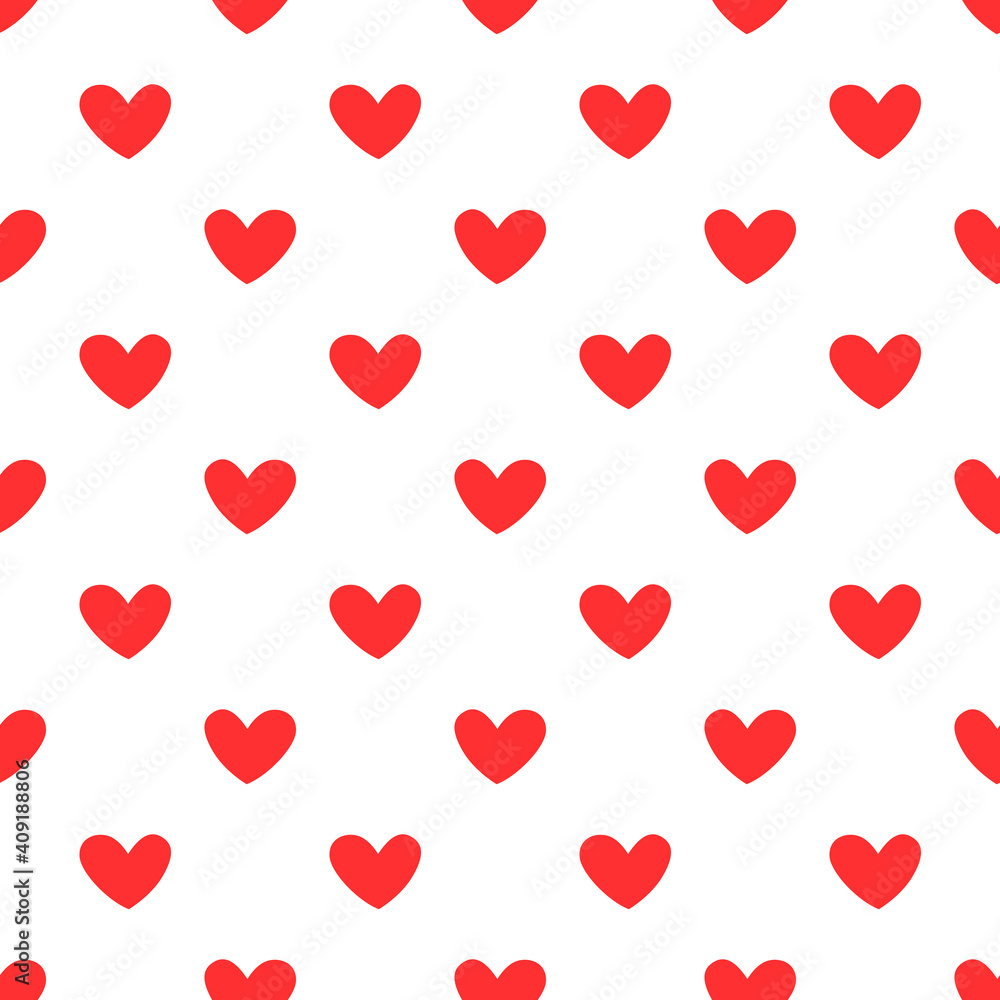 Polka dots seamless pattern with red hearts. Valentines day background. Vector illustration.
