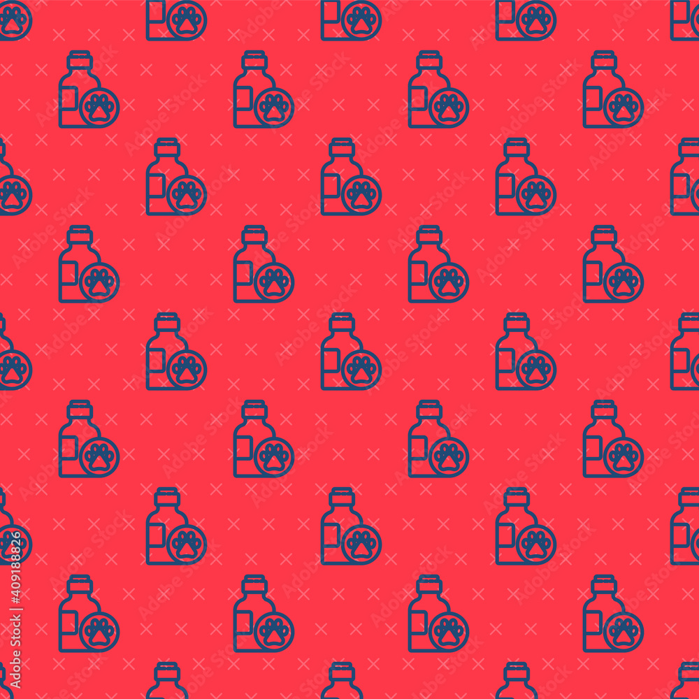 Blue line Pet shampoo icon isolated seamless pattern on red background. Pets care sign. Dog cleaning symbol. Vector. Blue line Pet shampoo icon isolated seamless pattern on red background. Pets care sign. Dog cleaning symbol. Vector.