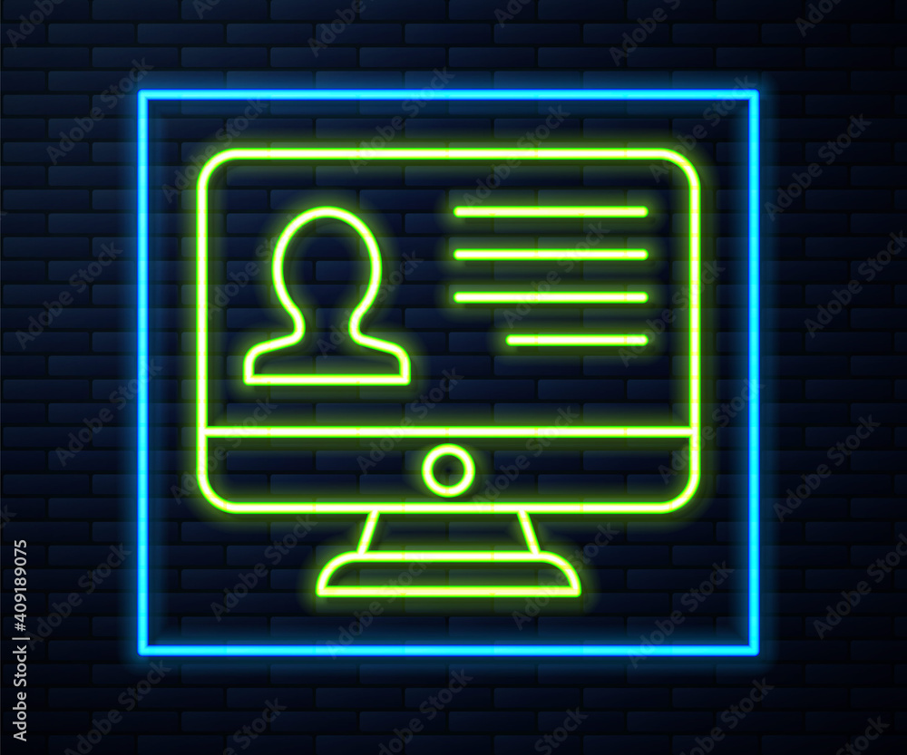 Glowing neon line Computer monitor with resume icon isolated on brick wall background. CV application. Searching professional staff. Analyzing personnel resume. Vector.