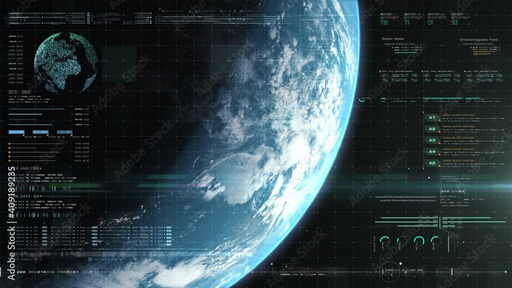 Futuristic motion graphic user interface head up display screen with Holographic Earth and digital data telemetry information display for digital background computer desktop display screen