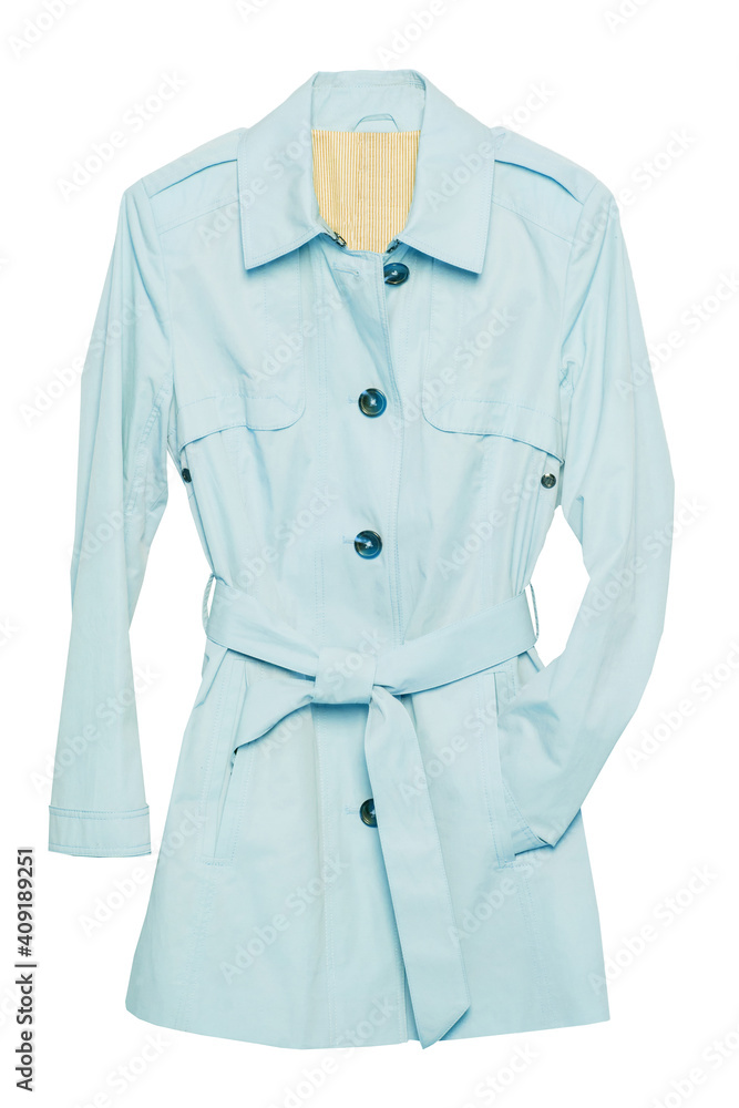 Woman trench coat. A luxurious and stylish elegant female light blue trench coat isolated on a white background. Spring and summer fashion. Woman trench coat. A luxurious and stylish elegant female light blue trench coat isolated on a white background. Spring and summer fashion.