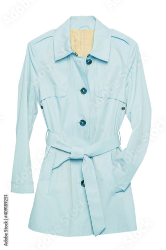 Woman trench coat. A luxurious and stylish elegant female light blue trench coat  isolated on a white background. Spring and summer fashion. © Olga