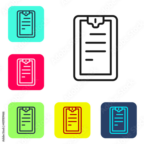 Black line Clipboard with checklist icon isolated on white background. Control list symbol. Survey poll or questionnaire feedback form. Set icons in color square buttons. Vector.