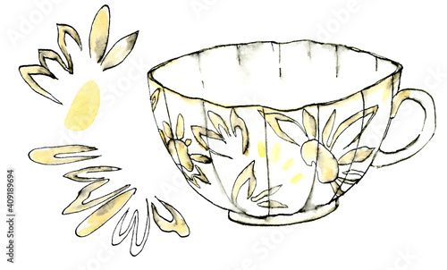 Watercolor illustration set of porcelian cup  with a muted yellow color, black-and-white sketch made by hand.  Elegant collection utensil with daisy motif elements isolated on a white background.