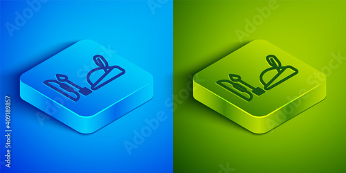 Isometric line Robin hood hat with feather, bow and arrow icon isolated on blue and green background. Square button. Vector.