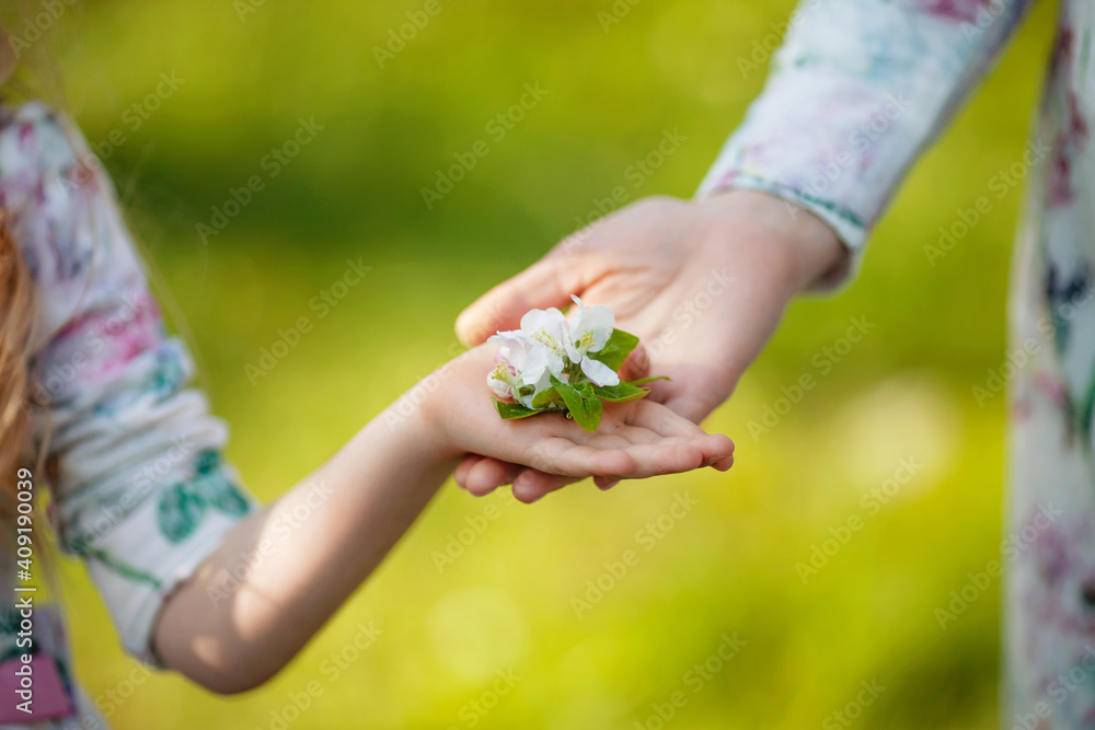 Mother and child to hand over the plum flower. Happy family concept Mother and child to hand over the plum flower. Happy family concept