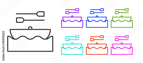 Black line Boat with oars icon isolated on white background. Water sports, extreme sports, holiday, vacation, team building. Set icons colorful. Vector.