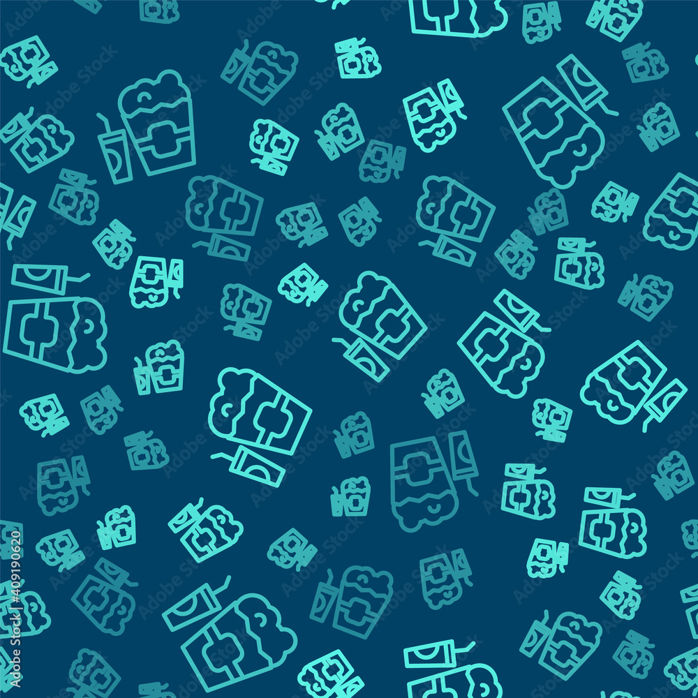 Green line Popcorn in cardboard box and paper glass with drinking straw and water icon isolated seamless pattern on blue background. Soda drink glass. Vector. Green line Popcorn in cardboard box and paper glass with drinking straw and water icon isolated seamless pattern on blue background. Soda drink glass. Vector.