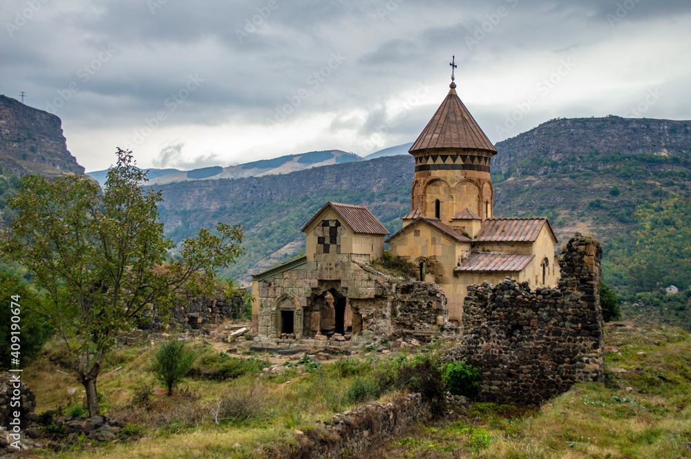 Dzoragyugh, Armenia - September 17, 2020: Medieval Armenian Christian monastery of Hnevank, dated 7th-12th centuries.