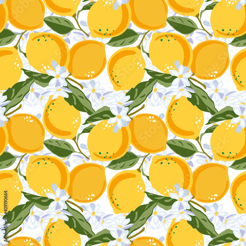 Vector pattern with lemons, flowers and leaves. Yellow lemon vector. Bright summer lemon fruit seamless pattern background with flowers, leaves and blossoms. A fruit high in vitamin C. 