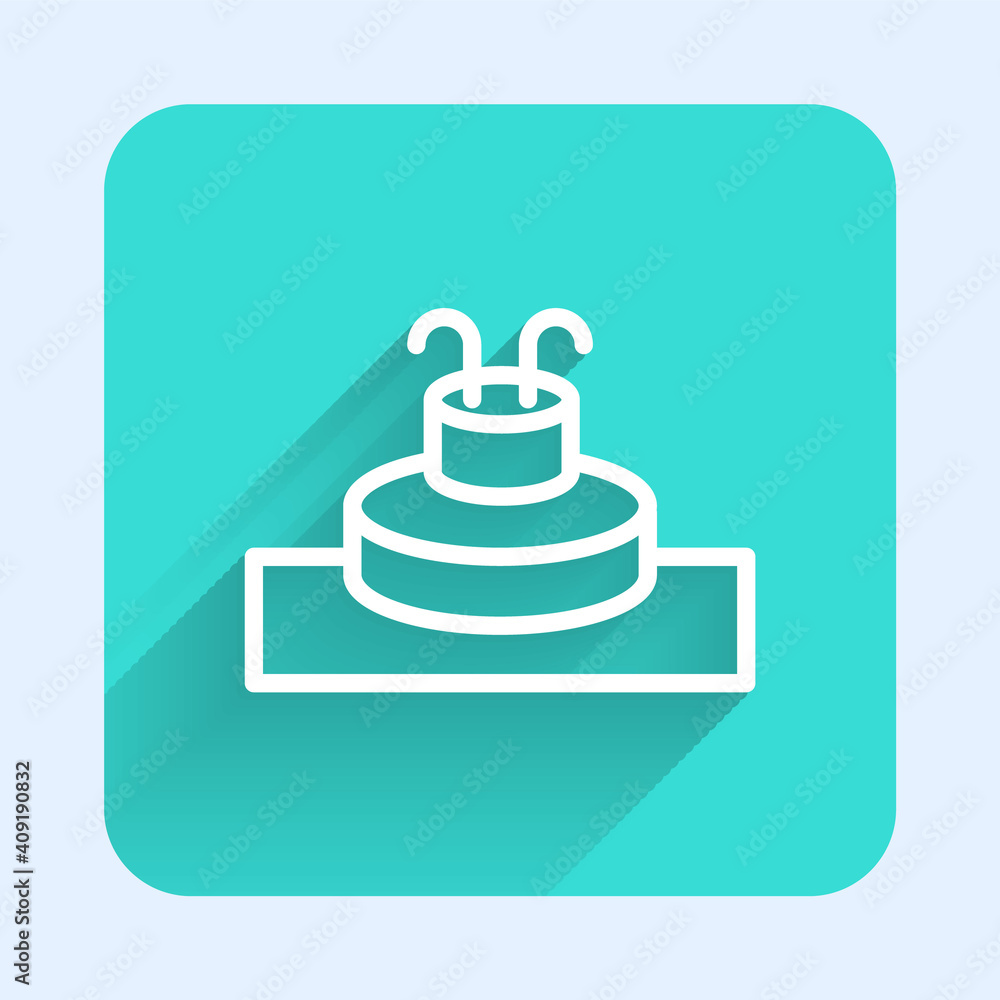 White line Fountain icon isolated with long shadow. Green square button. Vector. White line Fountain icon isolated with long shadow. Green square button. Vector.