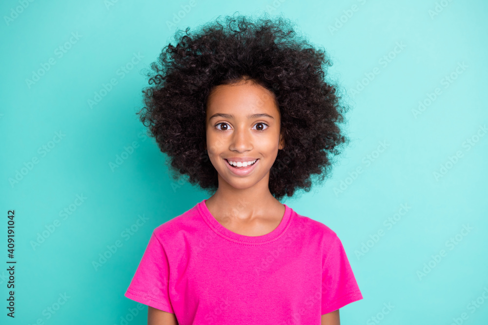 Photo portrait of excited afro american girl isolated on vivid cyan colored background - obrazy, fototapety, plakaty 