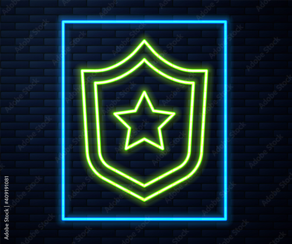 Glowing neon line Police badge icon isolated on brick wall background. Sheriff badge sign. Shield with star symbol. Vector. Glowing neon line Police badge icon isolated on brick wall background. Sheriff badge sign. Shield with star symbol. Vector.
