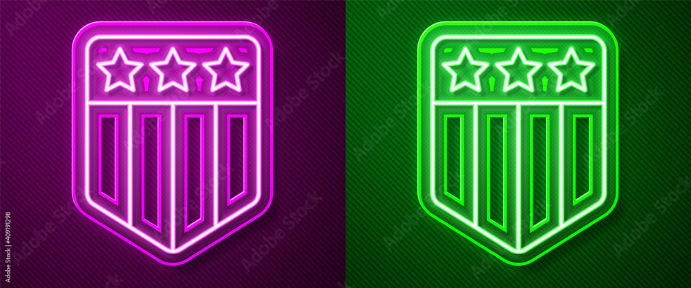 Glowing neon line Shield with stars and stripes icon isolated on purple and green background. United States of America country flag. 4th of July. USA Independence day. Vector. Glowing neon line Shield with stars and stripes icon isolated on purple and green background. United States of America country flag. 4th of July. USA Independence day. Vector.
