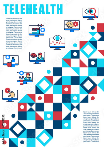 Virtual medicine brochure. Telemedicine consultation. Telehealth cover design and flyer layout template. Vector illustration with icons for marketing material, ads and magazine, presentation