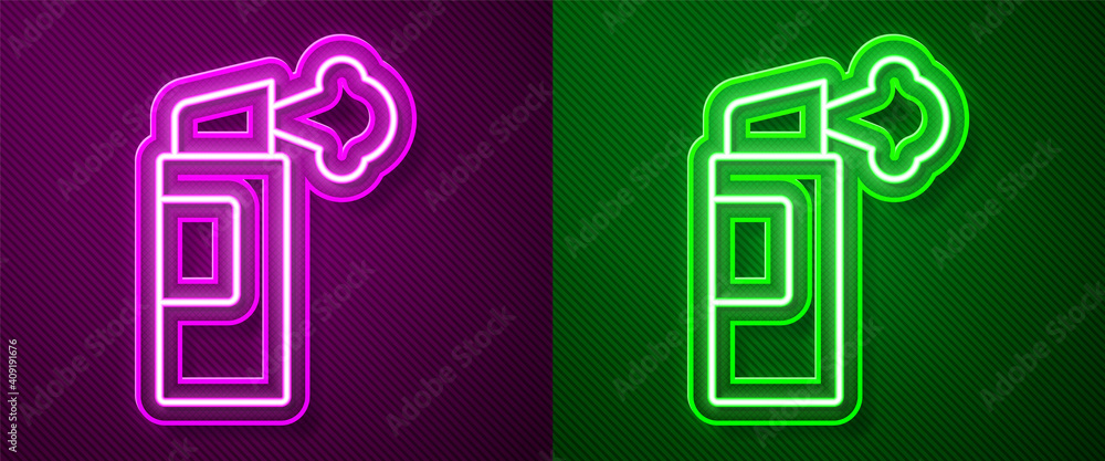 Glowing neon line Pepper spray icon isolated on purple and green background. OC gas. Capsicum self defense aerosol. Vector. Glowing neon line Pepper spray icon isolated on purple and green background. OC gas. Capsicum self defense aerosol. Vector.