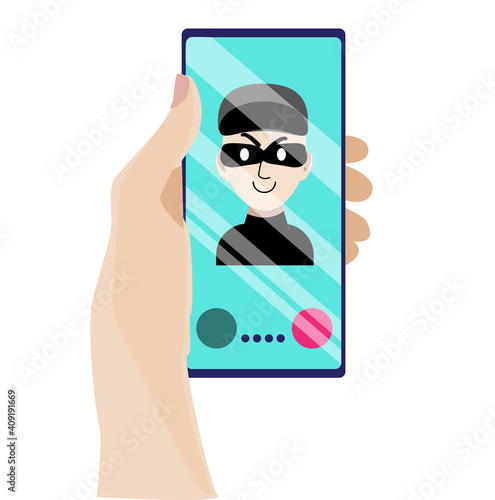 The hand holds the phone on which the fraudster calls. A phone thief tries to trick you into finding out your credit card passwords. Watch out  robber! Vector illustration in a flat style.