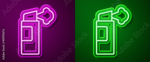 Glowing neon line Pepper spray icon isolated on purple and green background. OC gas. Capsicum self defense aerosol. Vector.