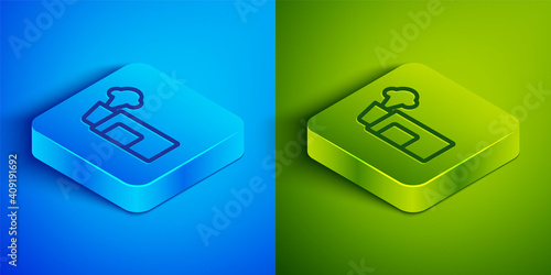 Isometric line Pepper spray icon isolated on blue and green background. OC gas. Capsicum self defense aerosol. Square button. Vector.