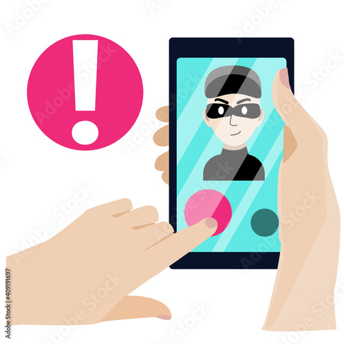 The hand holds the phone on which the fraudster calls. A phone thief tries to trick you into finding out your credit card passwords. Watch out  robber! Vector illustration in a flat style.