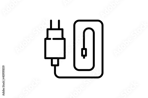 Phone charger icon. Vector linear sign, symbol, logo of power adapter for mobile concept and web design. Icon for the website of the store of household appliances, gadgets and electronics.