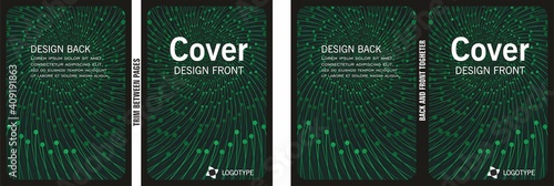 Cover with dotted vortex pattern in dimension A4. Two alternatives with one trim and one without. No transparencies or other effects in design. Each vortex is one object. Vector illustration. EPS10