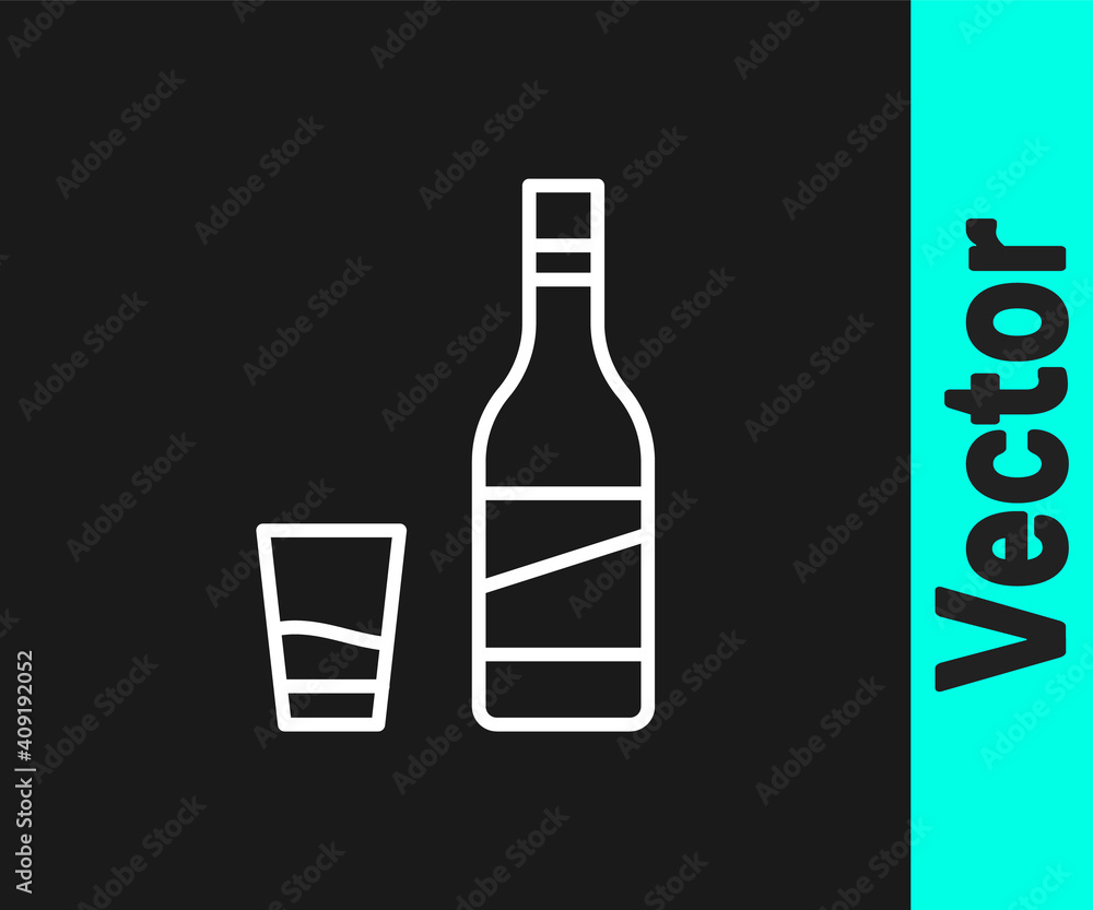 White line Bottle of vodka with glass icon isolated on black background. Vector. White line Bottle of vodka with glass icon isolated on black background. Vector.