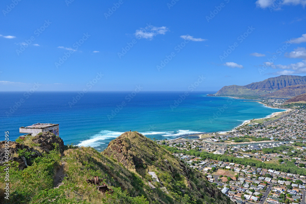 Scenic view from Pillbox hike on the west side of Oahu, Hawaii near Waianae and Maili. 
