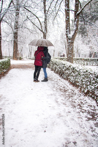 hug of tow lovers below an umbrella at park during snowfall with trees and green plants