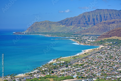 Scenic view overlooking Maili while hiking on the west side of Oahu, Hawaii near Waianae.. 